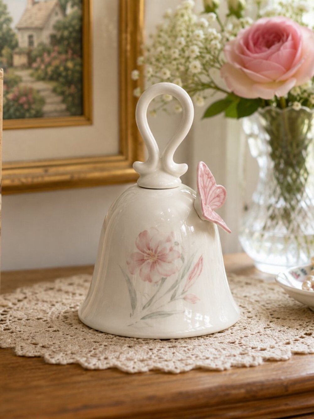 Vintage Porcelain Bell Butterfly Floral 5" Treasure Masters Japan Hand Painted